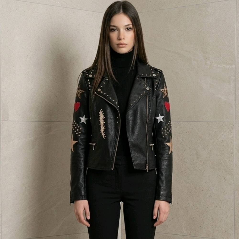 Studded Black Leather Moto Jacket with Star & Heart Appliqués